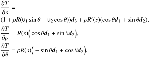 \begin{eqnarray} \label{Tpartials} &&\pder{T}{s}= \\ &&\nonumber (1 + \rho R(\mathsf{u}_1\sin\theta -\mathsf{u}_2\cos\theta))\dvec_3 +\rho R'(s)(\cos\theta\dvec_1 + \sin\theta\dvec_2),\\ \nonumber&&\pder{T}{\rho} = R(s)\Big(\cos\theta\dvec_1 + \sin\theta\dvec_2\Big),\\ \nonumber&&\pder{T}{\theta} = \rho R(s)\Big(-\sin\theta\dvec_1 + \cos\theta\dvec_2\Big), \end{eqnarray}