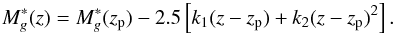 \begin{equation} M_g^*(z)=M_g^*(z_{\rm p})-2.5\left[k_1(z-z_{\rm p})+k_2 (z-z_{\rm p})^2\right] . \label{eq:mg} \end{equation}