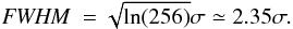 \begin{equation} {\it FWHM}\ = \sqrt{\ln(256)}\sigma \simeq 2.35\sigma. \label{eqn:fwhm_gauss} \end{equation}