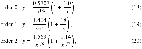 \begin{eqnarray} &&\mbox{order 0}: y=\frac{0.5707}{x^{1/2}}\left( 1 + \frac{1.0}{x} \right), \label{eqn:app0}\\ &&\mbox{order 1}: y=\frac{1.404}{x^{1/4}}\left( 1 + \frac{18}{x} \right), \label{eqn:app1}\\ &&\mbox{order 2}: y=\frac{1.569}{x^{1/6}}\left( 1 + \frac{1.14}{x^{1/3}} \right),\label{eqn:app2} \end{eqnarray}