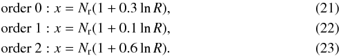 \begin{eqnarray} &&\mbox{order 0}:x = N_{\rm r}(1+0.3\ln R), \label{eqn:appr0}\\ &&\mbox{order 1}: x = N_{\rm r}(1+0.1\ln R), \label{eqn:appr1}\\ &&\mbox{order 2}: x = N_{\rm r}(1+0.6\ln R). \label{eqn:appr2} \end{eqnarray}