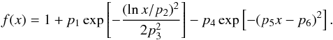 \begin{equation} \label{eq:size_eff} f(x) = 1 + p_1 \exp\left[- \frac{(\ln{x/p_2})^2}{2p_3^2}\right] - p_4 \exp\left[-(p_5 x - p_6)^2\right]. \end{equation}