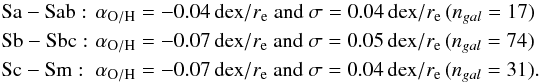 \begin{eqnarray*} &&{\rm Sa-Sab:}\:\, \alpha_{\rm O/H} = -0.04 \,{\rm dex}/{\it r}_{\rm e} \text{ and } \sigma = 0.04 \,{\rm dex}/{\it r}_{\rm e} \,({\it n}_{gal} = 17)\\ &&{\rm Sb-Sbc:}\,\, \alpha_{\rm O/H} = -0.07 \,{\rm dex}/{\it r}_{\rm e} \text{ and } \sigma = 0.05 \,{\rm dex}/{\it r}_{\rm e} \,({\it n}_{gal} = 74)\\ &&{\rm Sc-Sm:}\;\; \alpha_{\rm O/H} = -0.07 \,{\rm dex}/{\it r}_{\rm e} \text{ and } \sigma = 0.04 \,{\rm dex}/{\it r}_{\rm e} \,({\it n}_{gal} = 31). \end{eqnarray*}