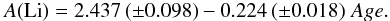 \begin{eqnarray} A({\rm Li}) = 2.437 \, (\pm 0.098) - 0.224 \, (\pm 0.018) \,\, Age. \end{eqnarray}