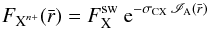 \begin{eqnarray} F_{\text{X}^{n+}}(\bar{r}) = F_\text{X}^\text{sw}\ {\rm e}^{-\sigma_\text{CX}\,\mathscr{I}_\text{A}(\bar{r}) } \label{eq:Flux_r} \end{eqnarray}