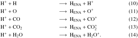\begin{eqnarray} \text{H}^{+} & + \text{H} & \longrightarrow\ \text{H}_\text{ENA} + \text{H}^+ \label{eq:H+H}\\ \text{H}^{+} & + \text{O} & \longrightarrow\ \text{H}_\text{ENA} + \text{O}^+ \label{eq:H+O}\\ \text{H}^{+} & + \text{CO} & \longrightarrow\ \text{H}_\text{ENA} + \text{CO}^+ \label{eq:H+CO}\\ \text{H}^{+} & + \text{CO}_2 & \longrightarrow\ \text{H}_\text{ENA} + \text{CO}_2^+ \label{eq:H+CO2}\\ \text{H}^{+} & + \text{H}_2\text{O} & \longrightarrow\ \text{H}_\text{ENA} + \text{H}_2\text{O}^+. \label{eq:H+H2O} \end{eqnarray}