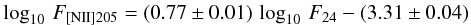 \begin{eqnarray} \label{eqn:n891corr} \log_{10}\, F_{\mathrm{[N<sc>II</sc>]}205} = (0.77\pm 0.01)\,\log_{10}\, F_{24} - (3.31\pm 0.04) \end{eqnarray}