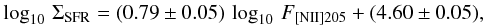 \begin{eqnarray} \label{eqn:allfit} \log_{10}\, \Sigma_{\rm SFR} = (0.79\pm 0.05)\,\log_{10}\, F_{\mathrm{[N<sc>II</sc>]}205} + (4.60 \pm 0.05), \end{eqnarray}