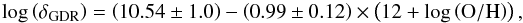 \begin{equation} \label{eq:magdis_GDR} \log\left(\delta_{\rm GDR}\right)=\left(10.54\pm1.0\right)-\left(0.99\pm0.12\right)\times\left(12+\log\left(\textrm{O}/\textrm{H}\right)\right), \end{equation}