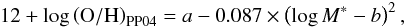 \begin{equation} \label{eq:mass_metall} 12 + \log\left(\textrm{O}/\textrm{H}\right)_{\rm PP04} = a-0.087 \times\left(\log M^\ast -b\right)^2 , \end{equation}