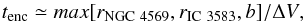 \begin{equation} {t_{\rm enc} \simeq max[r_{\rm NGC~4569}, r_{\rm IC~3583}, b]/\Delta V} , \end{equation}