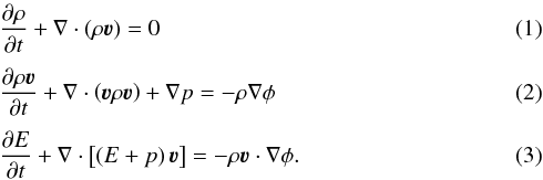 \begin{eqnarray} \label{eq:intro0010} &&\frac{\partial \rho}{\partial t} + \nabla \cdot \left( \rho \boldsymbol{\varv} \right) = 0 \\[1mm] \label{eq:intro0020} &&\frac{\partial \rho \boldsymbol{\varv}}{\partial t} + \nabla \cdot \left( \boldsymbol{\varv} \rho \boldsymbol{\varv} \right) + \nabla p = - \rho \nabla \phi \\[1mm] \label{eq:intro0030} &&\frac{\partial E}{\partial t} + \nabla \cdot \left[ \left( E + p \right) \boldsymbol{\varv} \right] = - \rho \boldsymbol{\varv} \cdot \nabla \phi . \end{eqnarray}