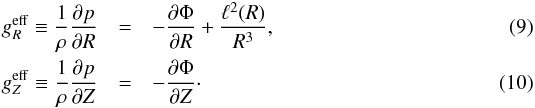 \begin{eqnarray} g^{\rm eff}_R \equiv \frac{1}{\rho} \frac{\partial p}{\partial R} &=& -\frac{\partial \Phi}{\partial R} + \frac{\ell^2(R)}{R^3}, \label{balance-forces-R} \\ g^{\rm eff}_Z \equiv \frac{1}{\rho} \frac{\partial p}{\partial Z} &=& -\frac{\partial \Phi}{\partial Z} \cdot \label{balance-forces-Z} \end{eqnarray}