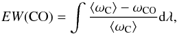 Mathematical equation: \begin{equation} EW \mathrm{(CO)} = \int \frac{\langle \omega_{\mathrm{C}} \rangle - \omega_{\mathrm{CO}}}{\langle \omega_{\mathrm{C}} \rangle} {\rm d} \lambda, \end{equation}
