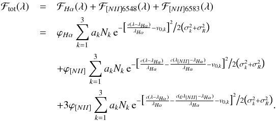 Mathematical equation: \begin{eqnarray*} \mathcal{F}_{\rm tot}(\lambda) &=& \mathcal{F}_{H\alpha}(\lambda)+\mathcal{F}_{[NII]6548}(\lambda)+\mathcal{F}_{[NII]6583}(\lambda) \\ &=& {\varphi_{H\alpha}\sum_{k=1}^{3} a_k N_k\,{\rm e}^{-\bigl[\frac{c(\lambda-\lambda_{H\alpha})}{\lambda_{H\alpha}}-v_{0,k}\bigr]^2\bigl/2\bigl(\sigma_k^2+\sigma_R^2\bigr)}} \\&&+ \varphi_{[NII]}\sum_{k=1}^{3} a_k N_k\,{\rm e}^{-\bigl[\frac{c(\lambda-\lambda_{H\alpha})}{\lambda_{H\alpha}} - \frac{c(\lambda_{[NII]}-\lambda_{H\alpha})}{\lambda_{H\alpha}}- v_{0,k}\bigr]^2\bigl/2\bigl(\sigma_k^2+\sigma_R^2\bigr)} \\ &&+ {3\varphi_{[NII]}\sum_{k=1}^{3} a_k N_k\,{\rm e}^{-\bigl[\frac{c(\lambda-\lambda_{H\alpha})}{\lambda_{H\alpha}} - \frac{c(\varrho\lambda_{[NII]}-\lambda_{H\alpha})}{\lambda_{H\alpha}}- v_{0,k}\bigr]^2\bigl/2\bigl(\sigma_k^2+\sigma_R^2\bigr)}}. \end{eqnarray*}