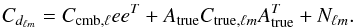 Mathematical equation: \begin{equation} C_{d_{\ell m}} = C_{\mathrm{cmb}, \ell} ee^T + A_{\mathrm{true}} C_{\mathrm{true},\ell m} A_{\mathrm{true}}^T + N_{\ell m} . \end{equation}