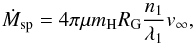 Mathematical equation: \begin{equation} \dot{M}_{\rm sp} = 4\pi\mu m_{\rm H}R_{\rm G} \dfrac{n_1}{\lambda_1}v_\infty , \label{eq:dotm} \end{equation}