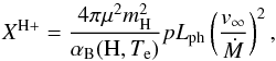 Mathematical equation: \appendix \setcounter{section}{1} \begin{equation} X^{\rm H+} = \frac{4\pi \mu^2 m_{\rm H}^2} {\alpha_{\rm B}({\rm H},T_{\rm e})} p L_{\rm ph}\left(\frac{v_{\infty}} {\dot{M}}\right)^2, \label{eqn:X} \end{equation}