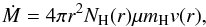 Mathematical equation: \begin{equation} \dot M=4\pi r^2N_{\rm H}(r)\mu m_{\rm H}v(r), \label{cont} \end{equation}