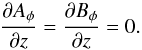 Mathematical equation: \begin{eqnarray*} \frac{\partial A_\phi}{\partial z}=\frac{\partial B_\phi}{\partial z}=0. \end{eqnarray*}