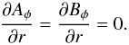 Mathematical equation: \begin{eqnarray*} \frac{\partial A_\phi}{\partial r}=\frac{\partial B_\phi}{\partial r}=0. \end{eqnarray*}