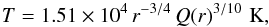 Mathematical equation: \begin{equation} T = 1.51\times 10^4\, r^{-3/4}\,Q(r)^{3/10}\,\,{\rm K}, \end{equation}