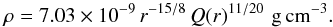 Mathematical equation: \begin{equation} \rho = 7.03\times 10^{-9}\, r^{-15/8}\,Q(r)^{11/20}\,\,{\rm g\, cm^{-3}}. \end{equation}