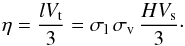 Mathematical equation: \begin{equation} \label{et} \eta= \frac{l V_{\rm t}}{3} = \sigma_{\rm l}\,\sigma_{\rm v}\,\frac{H V_{\rm s}}{3}\cdot \end{equation}