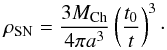Mathematical equation: \begin{equation} \rho_{\rm SN}=\frac{3M_{\rm Ch}}{4\pi a^{\rm 3}}\left(\frac{t_{\rm 0}}{t}\right)^{\rm 3}\cdot \end{equation}
