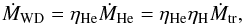 Mathematical equation: \begin{equation} \dot{M}_{\rm WD}=\eta_{\rm He}\dot{M}_{\rm He}=\eta_{\rm He}\eta_{\rm H}\dot{M}_{\rm tr}, \end{equation}