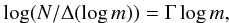 Mathematical equation: \begin{eqnarray} \log(N/\Delta(\log{m})) = \Gamma \log{m}, \end{eqnarray}