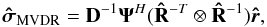 Mathematical equation: \begin{equation} \label{eq:UBMVDRV} \UMVDRDI=\bD^{-1}\bAt^H(\bRh^{-T} \otimes \bRh^{-1})\brh, \end{equation}