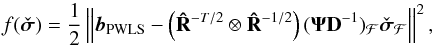 Mathematical equation: \begin{equation} \label{eq:subproblemMVDR} f(\PWLSsigma) = \frac{1}{2}\left \|\bb_{\text{PWLS}}- \left (\bRh^{-T/2}\otimes \bRh^{-1/2} \right) (\bAt\bD^{-1})_{\MCF}\PWLSsigma_{\MCF}\right \|^2 , \end{equation}