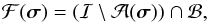 Mathematical equation: \begin{equation} \MCF(\bsigma)=(\MCI \setminus \MCA(\bsigma)) \cap \MCB , \end{equation}