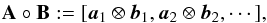 Mathematical equation: \begin{eqnarray*} \bA \circ \bB := [\ba_1\otimes \bb_1, \ba_2 \otimes \bb_2 , \cdots], \end{eqnarray*}