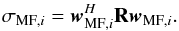 Mathematical equation: \appendix \setcounter{section}{2} \begin{equation} \MFDIind{i}=\bw_{\text{MF},i}^H\bR\bw_{\text{MF},i}. \end{equation}