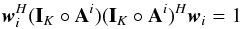 Mathematical equation: \appendix \setcounter{section}{2} \begin{equation} \label{eq:mvdrconst_mulit} \bw_i^H(\bI_K \circ \bA^i)(\bI_K \circ \bA^i)^H\bw_i=1 \end{equation}