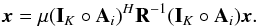 Mathematical equation: \appendix \setcounter{section}{2} \begin{equation} \label{eq:xgrad} \bx=\mu (\bI_K \circ \bA_i)^H\bR^{-1}(\bI_K \circ \bA_i) \bx. \end{equation}