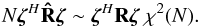 Mathematical equation: \appendix \setcounter{section}{3} \begin{equation} N\bzeta^H\bRh\bzeta \sim \bzeta^H\bR\bzeta~ \chi^2(N). \end{equation}