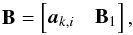 Mathematical equation: \appendix \setcounter{section}{3} \begin{equation} \bB=\begin{bmatrix}\ba_{k,i} & \bB_1 \end{bmatrix}, \end{equation}