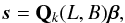 Mathematical equation: \begin{eqnarray*} \bs=\bQ_k(L,B)\bbeta, \end{eqnarray*}