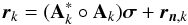Mathematical equation: \begin{equation} \br_k = (\bA_k^* \circ \bA_k)\bsigma + \br_{\bn,k} \end{equation}