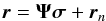 Mathematical equation: \begin{equation} \label{eq:vectRtotal} \br = \bPsi\bsigma + \br_{n} \end{equation}