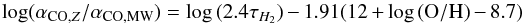Mathematical equation: \begin{equation} \label{eq2} \log (\alpha_{{\rm CO}, Z}/\alpha_{\rm CO, MW}) = \log{(2.4 \tau_{H_2})} - 1.91 (12+\log{\rm (O/H)} - 8.7) \end{equation}