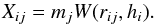 Mathematical equation: \begin{equation} X_{ij} = m_j W(r_{ij}, h_i). \label{aij2} \end{equation}