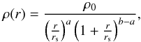 Mathematical equation: \begin{equation} \rho(r) = \frac{\rho_0} {\left( \frac{r}{r_{\rm s}} \right)^a \left(1+\frac{r}{r_{\rm s}}\right)^{b-a}} , \end{equation}