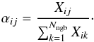 Mathematical equation: \begin{equation} \alpha_{ij} = \frac{X_{ij}}{\sum_{k=1}^{N_{\rm{ngb}}} X_{ik}}\cdot \end{equation}