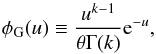 Mathematical equation: \begin{equation} \phi_{\rm G}(u)\equiv \frac{u^{k-1}}{\theta\Gamma(k)}{\rm e}^{-u}, \label{defgam} \end{equation}