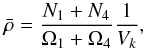 Mathematical equation: \begin{equation} \bar\rho=\frac{N_1+N_4}{\Omega_1 + \Omega_4}\frac{1}{V_k}, \label{density} \end{equation}