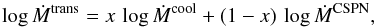 Mathematical equation: \begin{equation} \log \dot{M}^{\rm trans}= x\,\log \dot{M}^{\rm cool}+(1-x)\,\log\dot{M}^{\rm CSPN}, \label{eq:interpol} \end{equation}